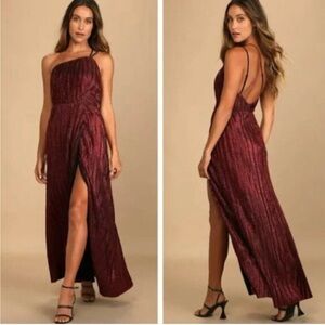 LULUS Grove Shiny Red Metallic Pleated One-Shoulder Dress